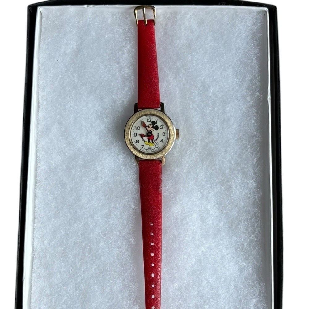 Vintage Mickey Mouse Watch Swiss Made Bradley Red Strap Not Running - Picture 2 of 5